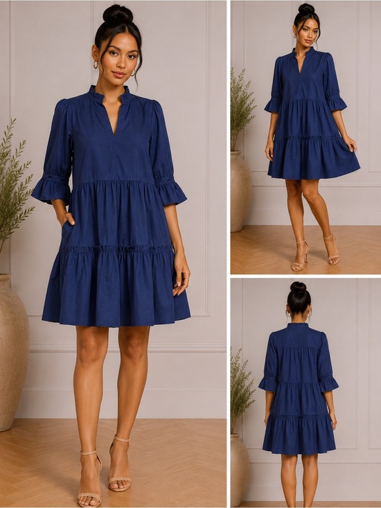 Gretchen Scott Designs Dresses & Skirts - Gretchen Scott Navy Tiered Ruffle Sleeve Pocket Dress Women’s Large